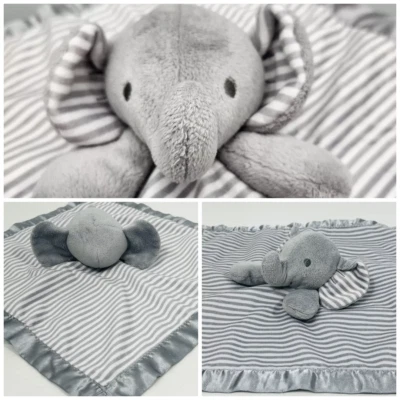 "Manta de seguridad Circo Elephant Lovey gris blanco rayas 12"" chupete satinado suave" Foto 1 de 4