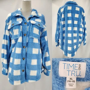 Neu Time and Tru Plüschjacke Damen XL blau weiß Lammfellimitat mit 4 Taschen - Bild 1 von 15