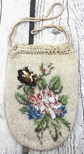 Antique Vtg Victorian Micro Beaded Reticule Draw String Purse Bag Floral Ivory - Picture 1 of 9