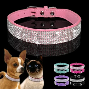 Rhinestone Diamante Dog Collar Soft Suede Small Pet Cat Puppy Show Necklace XS-M - Picture 1 of 17