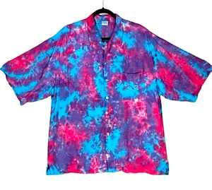 Tie Dye Button Down Hemd Sm Med Lg XL 2X Hot Pink & Blue Blotter Bali Viskose - Bild 1 von 1