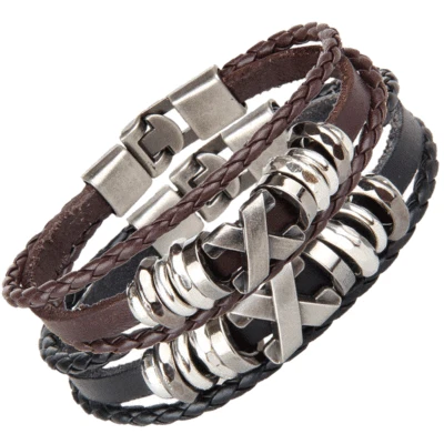 男式朋克摇滚多层手工袖口手镯皮革手链腕带美国 — 第 1/4 张图片
