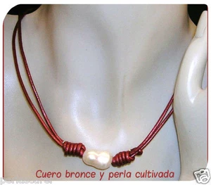 COLLAR de PERLA Cultivada 11 mm Y Cuero Bronce natural. Corredero y adaptable - Bild 1 von 1