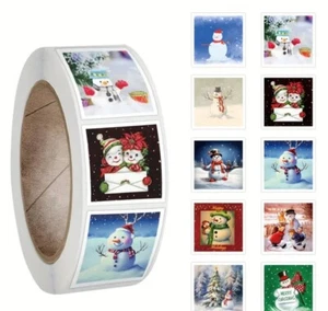CHRISTMAS STICKERS SEALS "SQUARE SNOWMEN" 25mm 50/100 - FREE POSTAGE - Picture 1 of 2