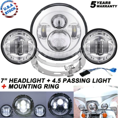 Farol de LED cromado 7 polegadas para motocicleta + lâmpada de neblina 4,5" + anel para Honda Shadow VLX - Imagem 1 de 4