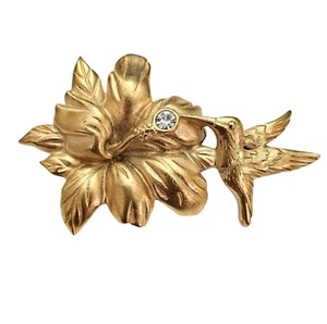 Monet Brosche matt goldfarben Kolibri Blume Strass Vintage Anstecknadel signiert, J1 - Bild 1 von 10