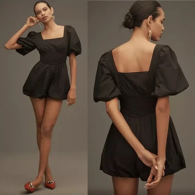 Macacão Anthropologie Maeve novo com etiquetas manga curta preta gola quadrada batida P - Imagem 1 de 4