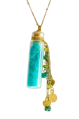 Halskette Glasfläschchen türkis 61+7cm - Messing Aventurin Peridot Kette - Bild 1 von 2