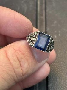 Silber Markasit Blau Glas Ring Atemberaubend Art Deco Herren Damen Stück Kurios 6g - Bild 1 von 3