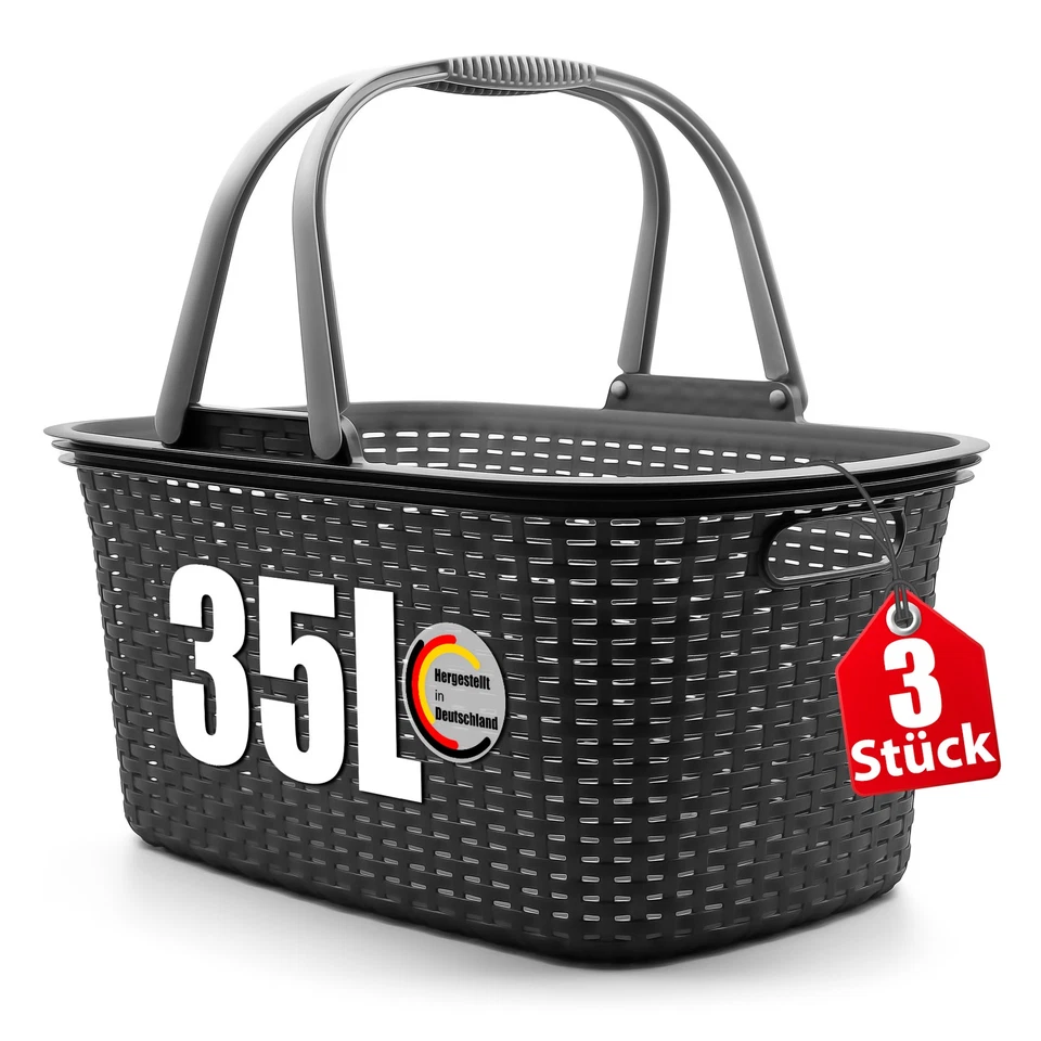 3 Stück Wäschekorb mit Henkel 35L Rattan Design Wäschewanne Made in Germany - Bild 1 von 4