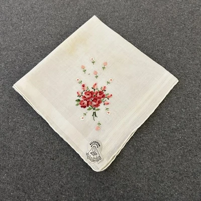 Pañuelo Vintage Desco Floral Bordado Suiza Etiqueta 12 en Flores Rosa Foto 1 de 4