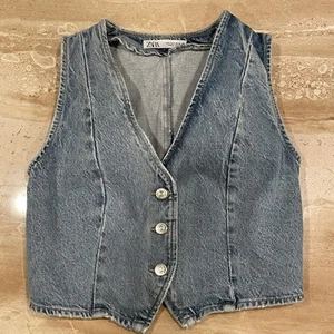 Zara Button Front Tailored Denim Vest Cotton Blue Size Small Distressed - Picture 1 of 9