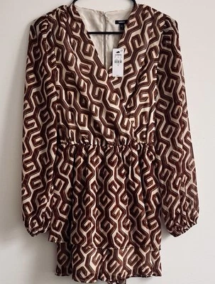 EXPRESS Printed Sheer Smocked Surplice Balloon Sleeve Tie Waist Tiered Romper - Image 1 of 4