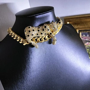Conjunto de collar de cuello de tarjeta 3d vintage de diamantes de leopardo de metal de la industria pesada - Imagen 1 de 9