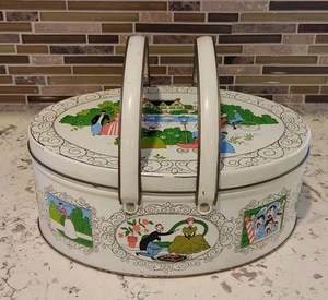 Vintage Victorian Sewing Tin Box Park Scene Double Handles Oval - Picture 1 of 23