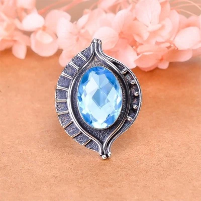 Blue Topaz Gemstone Solid 925 Sterling Silver Elegant Ring Bride Jewelry V2370 - Image 1 of 4