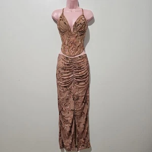NWT - Shein - 2 Piece Corset Top Maxi Skirt Rose Floral Print - Size L - Tan - Picture 1 of 14
