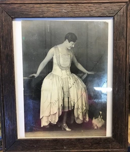 Vintage framed photograph 1920s Lady in Gown with Dog Wood frame 27 x 22" Prop - Picture 1 of 4