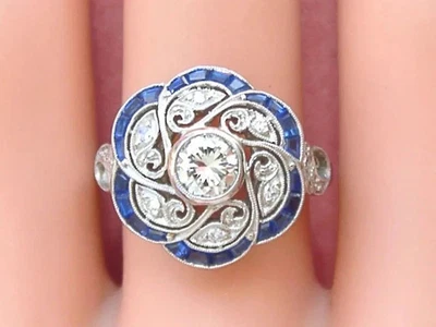 Art Deco Style Lab Created Diamond & Sapphire 14k White Gold Plated Wedding Ring - Image 1 of 3