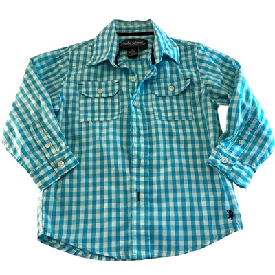 АНГЛИЙСКАЯ ПРАЧЕЧНАЯ клетку хлопок кнопка длинным рукавом рубашка для мальчиков 4T небесно-голубой и белый - Изображение 1 из 4