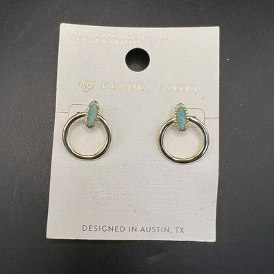 Kendra Scott Hoop Stud Earrings Amazonite Geniune Stone 14K Gold Over Brass NEW - Image 1 of 4