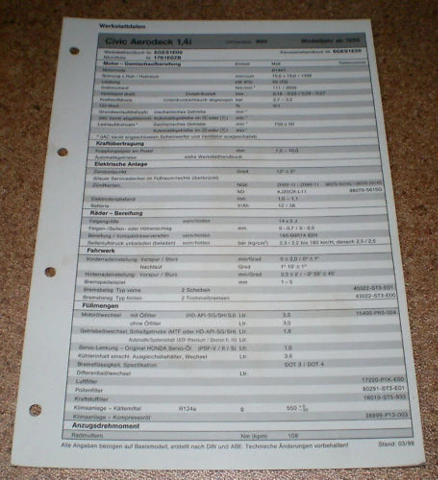 Inspektionsblatt/Servicio Datos Honda Civic Aerodeck 1,4i Desde Año 1998 - Imagen 1 de 1
