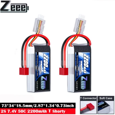 2x ZEEE Short 7.4V 50C 2200mAh 2S Lipo Akku T Plug für RC Auto Flugzeug Truck - Bild 1 von 4