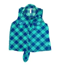 Justice Collared Button Down Shirt Sleeveless Tie Up Bling Pockets Girls Large - Picture 1 of 7