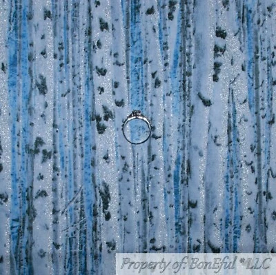 BonEFul Fabric FQ Cotton Quilt Blue White Snow Scenic Birch Tree B&W Glitter Dot - Image 1 of 4