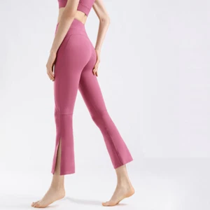 Women's Capri Yoga Leggings High Waisted Cropped Slit Flared Ruffle Bottom Pants - Picture 1 of 22