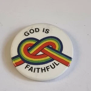 God Is Faithful 1980s Rainbow Knot 1 1/2" Metal Pin Badge Used - Picture 1 of 4