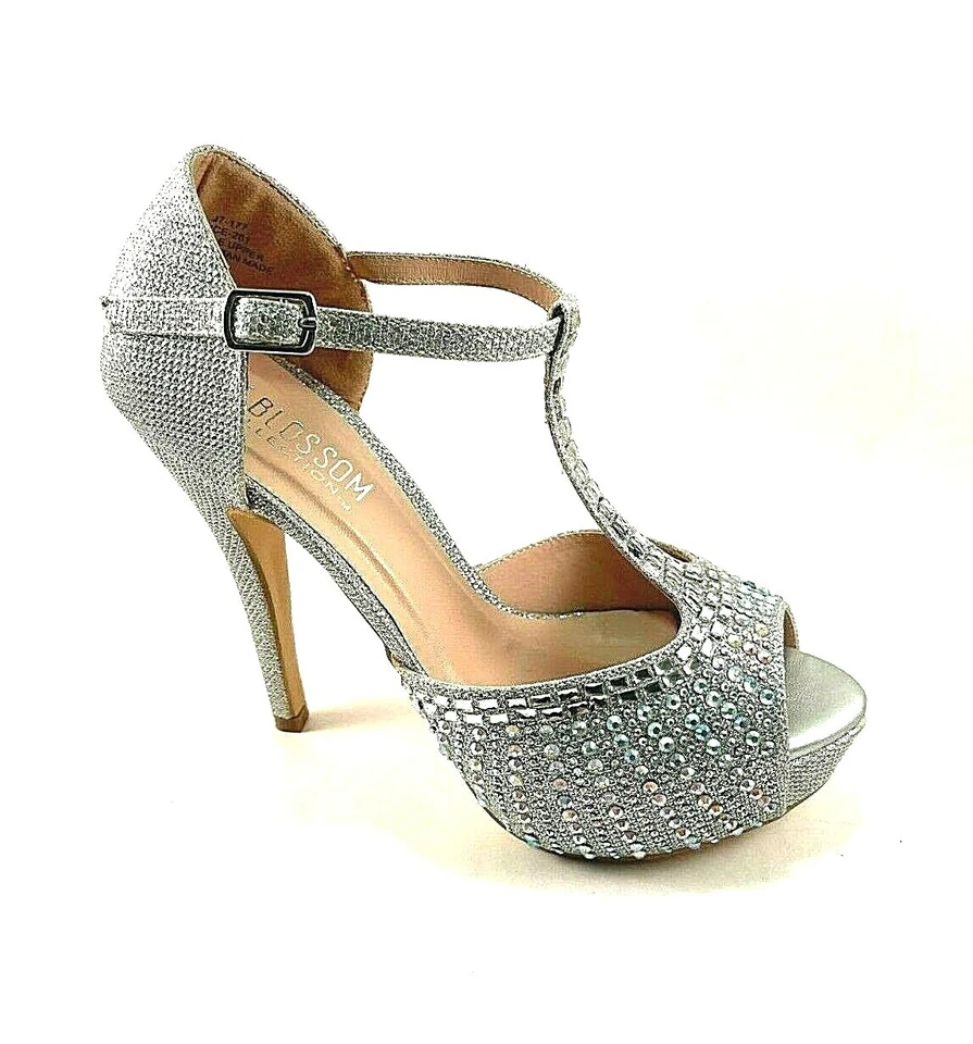 De Blossom Vice-261 Серебряная платформа высокий каблук T-ремень платье заглянуть носок обуви  - Изображение 1 из 1