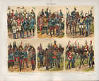 Chromo-Lithografie 1896 Reiterei. Pferd reiten Militär Infanterie Heer Uniformen