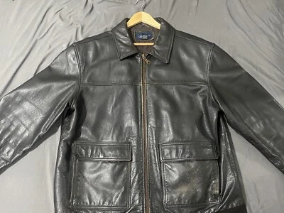 Chaqueta de Colección Cuero Genuino Años 90 Negra Ligeramente Envejecida Cremallera Completa Para Hombre Grande Foto 1 de 4