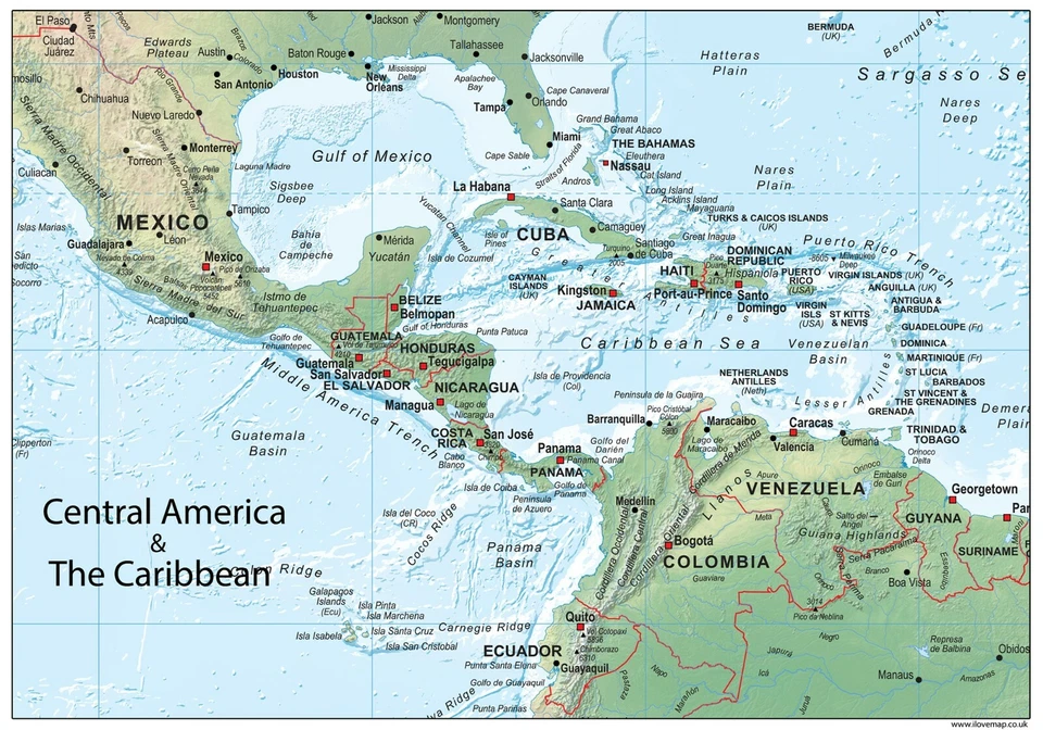 Central America and the Caribbean Physical Map - 61 x 43.1 cm – Paper  - Image 1 of 1