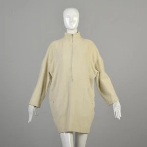 1980s XL XXL Cream Sweater Half Zip Dress Drop Shoulder Angora Wool Off White - Picture 1 of 10