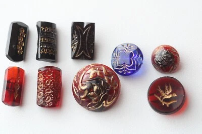 9 Antique Victorian Czech Red, Blue & Black Glass Gold Incised Buttons ~ Bird - Image 1 of 4