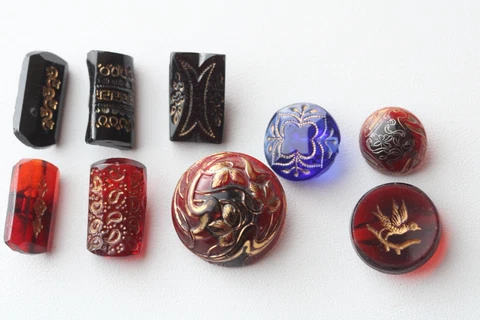 9 Antique Victorian Czech Red, Blue & Black Glass Gold Incised Buttons ~ Bird Cover