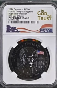 DONALD TRUMP COIN 2024 CAMEROON PROOF SILVER OBSIDIAN NGC PF70 HR! Ultra Cameo - Picture 1 of 6
