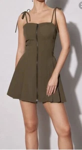 Micas Brown Sonniesside Shop Tie Strap Zip Up Pleated Buster Mini Dress Size M - Picture 1 of 19