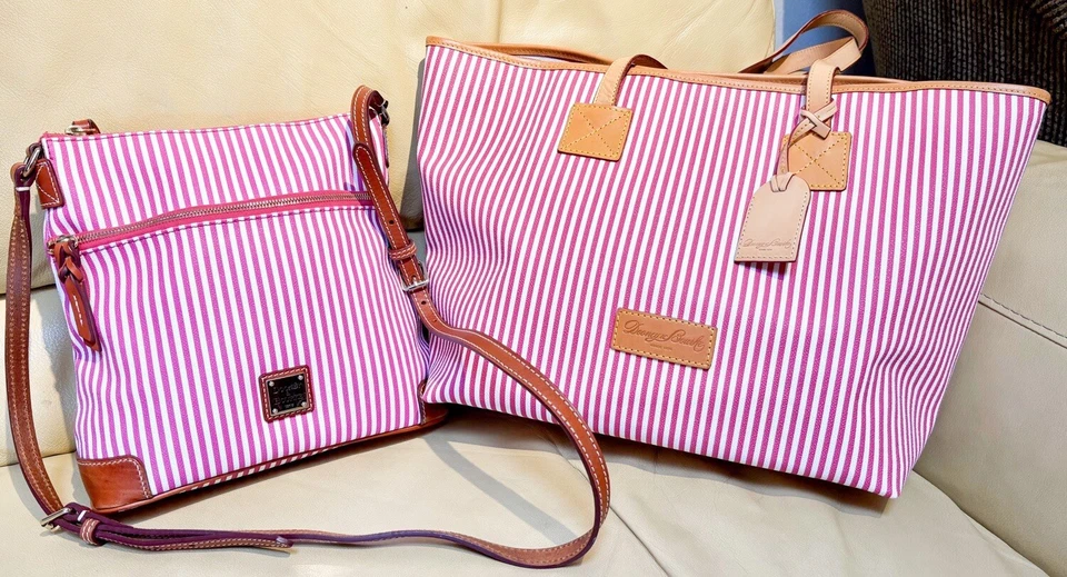 Dooney Bourke Bundle Set Fuchsia Pink Seaview Stripes Large Tote Crossbody Bag - Image 1 of 4