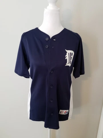 Majestic Womens Detroit Tigers Top SIZE LARGE Button Up Short Sleeve V-Neck Blue Cover