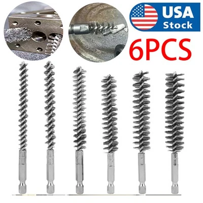 Juego de 6 cepillos de limpieza de orificios de acero inoxidable con vástago hexagonal de 1/4" para taladro eléctrico Foto 1 de 4