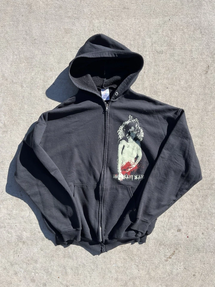 Moletom com capuz 00s The Agony Scene banda zíper XL preto roupas usadas - Imagem 1 de 2