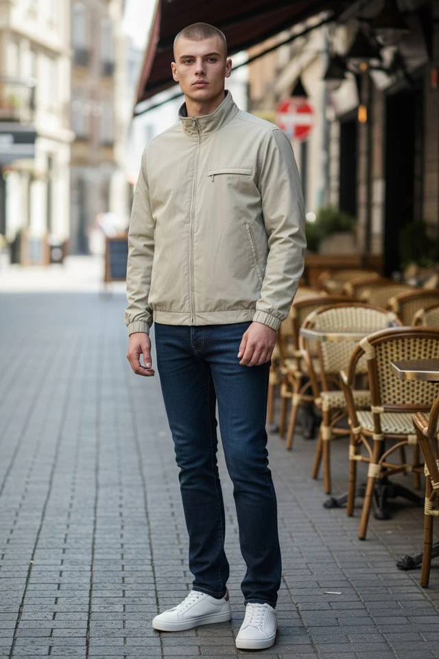 Eddie Bauer Jacket Mens Large Beige Polartec Fleece Lined Nylon Bomber Full Zip - Image 1 of 4