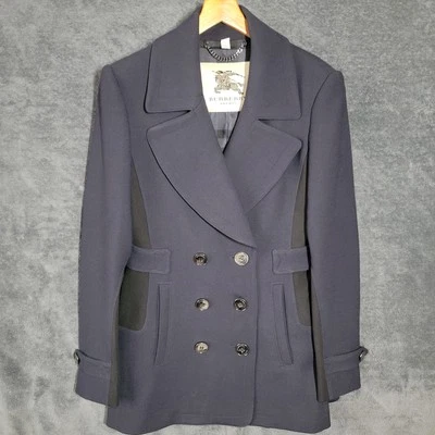 Abrigo Burberry London Pea para mujer talla 10 azul negro sombra cuadros doble pecho Foto 1 de 4