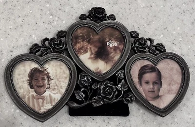 Marco de fotos de peltre Russ de colección diseño de rosas y corazones ~ se adapta a 3 fotos románticas de 2"x2" Foto 1 de 4
