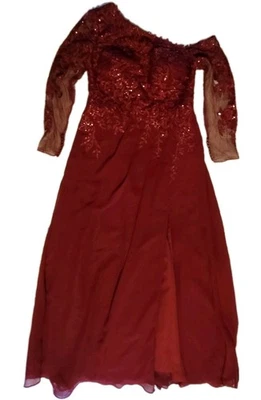 Vestido de chiffon formal de Natal vermelho lantejoulas comprimento do chão JJ"s House tamanho 12 - Imagem 1 de 4