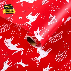 Christmas Red Wrapping Paper Roll, 17 Inch X 32.8 Feet, Xmas Reindeer Design for - Picture 1 of 6