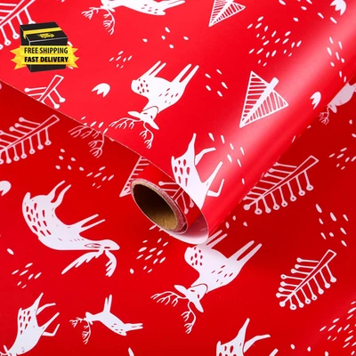 Christmas Red Wrapping Paper Roll, 17 Inch X 32.8 Feet, Xmas Reindeer Design for - Image 1 of 4